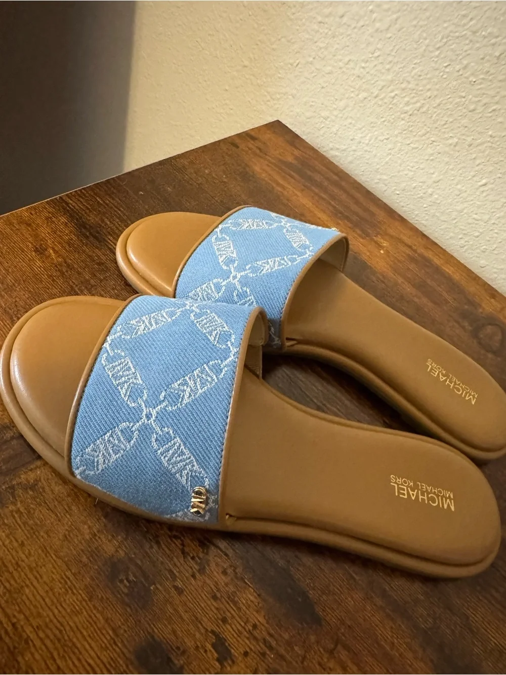 Michael Kors Blue Denim Logo Slide Sandals Size 7
